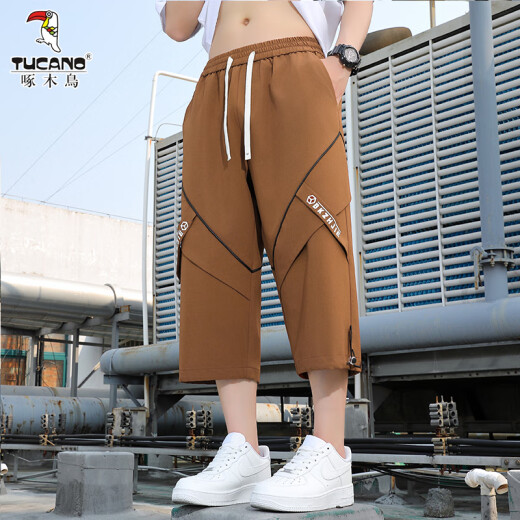 啄木鸟七分裤男夏季直筒阔腿宽松男士7分短裤百搭潮流薄款休闲8分裤子 6629咖啡色 L (115-130)斤