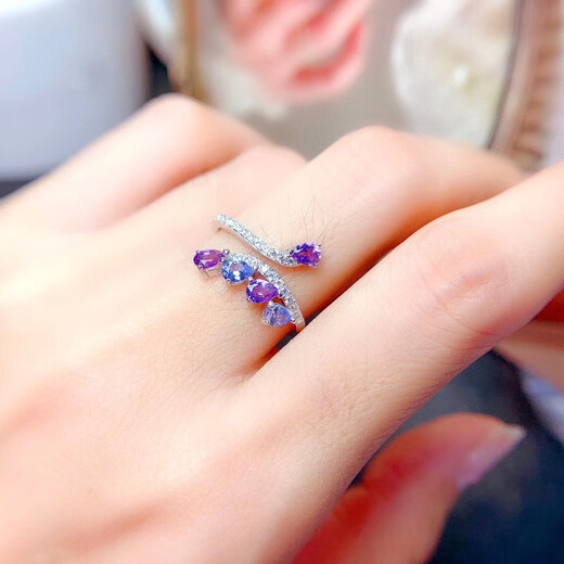 Junpo Fashion New Top Opening Ring Natural Tanzanite + Amethyst Ring 3 4 Sizes 925 Silver Inlaid Amethyst Tanzanite Ring Opening Adjustable