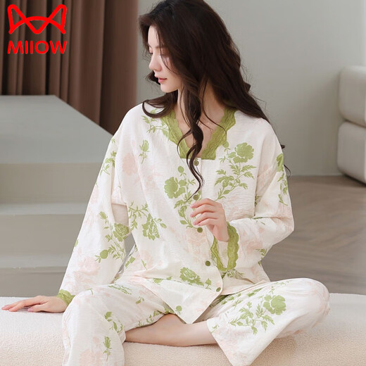 猫人（MiiOW）新款纯.棉睡衣女春秋季长袖无领开衫中青年女士全.棉家居服套装 SH14701 L （-120斤）