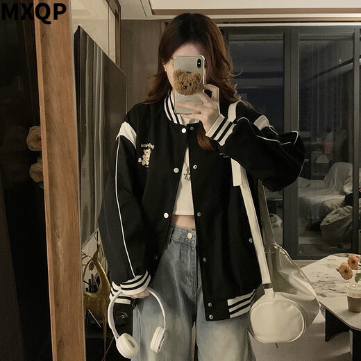 MXQP College Style Baseball Uniformjacke für Frauen im Frühjahr und Herbst Neue losen Casual Spleißen kontrastierender Farbstech -Halsband -Top -Trend 1047 Aprikose [95jin [Jin entspricht 0,5 kg]]