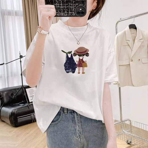 慧奴比纯棉百搭显瘦T恤女短袖2025新款夏季时尚时髦半高领打底上衣ins潮 白色1278-蓝 S 适合90-110斤