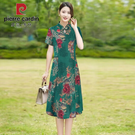 皮尔卡丹旗袍女中长款夏季女装2025新款中年妈妈短袖旗袍裙改良复古连衣裙 698红色 3XL 建议125-136斤