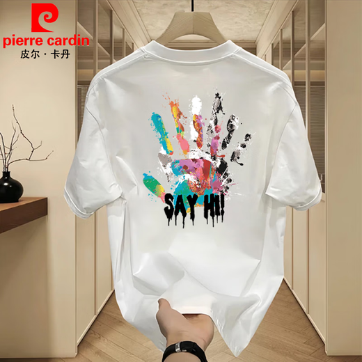 皮尔卡丹（pierre cardin）玫瑰印花重磅短袖t恤男秋季美式复古潮牌宽松大码打底衫半袖上衣 白色【前左后大图K838 SAYHI手 XL 建议140-160斤