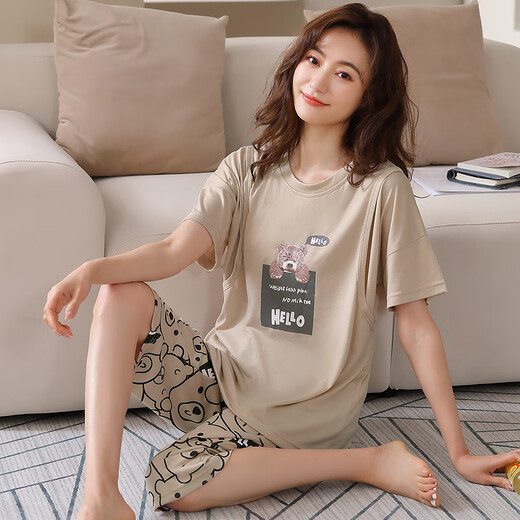 莫代尔纯棉夏季短袖7分裤哺乳睡衣女士孕产期妇产后喂奶薄款大码月子服 主图款DNN3523 M [80-100斤]