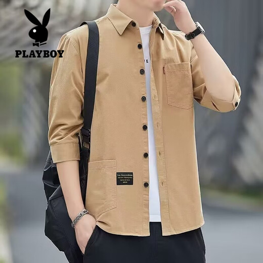 花花公子（PLAYBOY）纯棉七分袖衬衫男夏季薄款高端中袖衬衣男士休闲短袖t恤男款外套 A702绿色（七分袖衬衫） M
