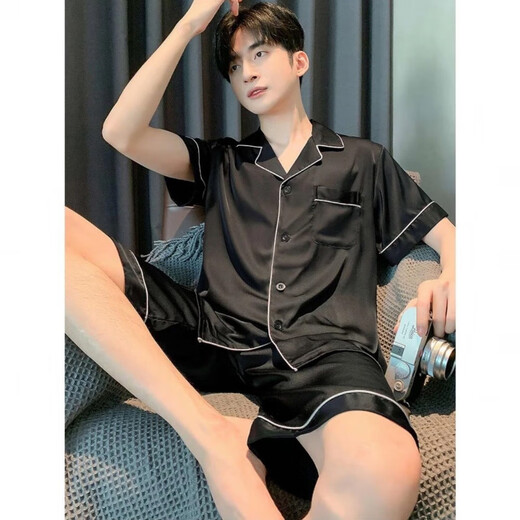 Opeodly Herren Pyjamas Sommer 2025 Neue Eisseide kurzärmelige Hose Sommer Emulation Seiden Dünne Jungen Home Kleidung Set 854# ICE Seidenmänner l Größe 90-120jin [Jin gleich 0,5 kg]