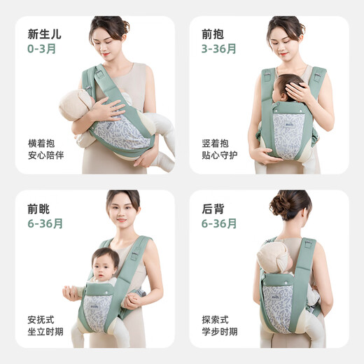 爱源美背带婴儿横前抱式外出简易宝宝前后两用省力轻便透气网夏背娃神器 浅荷绿-透气网款