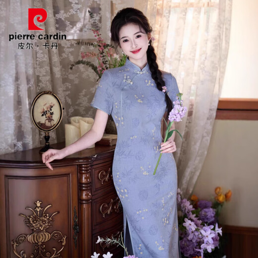 皮尔卡丹2025春夏新款旗袍竹节麻印花中长款旗袍透气小个子年轻款短袖旗袍 826 蓝色 2XL