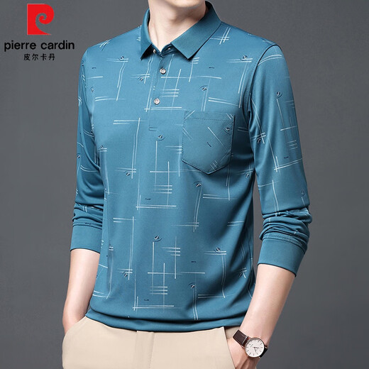 皮尔卡丹（pierre cardin）中老年男士夏季冰丝长袖t恤薄款翻领宽松2025新款爸爸polo打底衫 B753小星星 蓝色 2XL 180/120/54