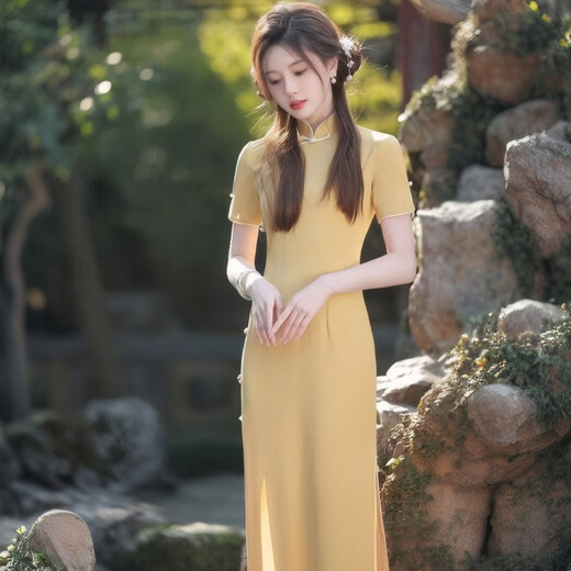 Jialong Mingxiu Yellow Cheongsam 2025 New Summer Improved Temperament High-end New Chinese Style Dress Lemon Yellow M
