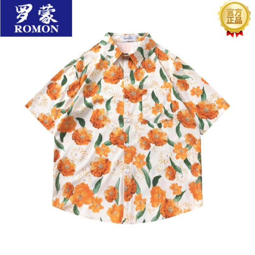 罗蒙（ROMON）美式衬衫夏天泰国复古短袖花衬衫男港味潮牌夏威夷度假风小众 1047 米白色 M
