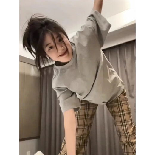 HUALIN FASHION韩风T恤睡衣女宽松格子长裤家居服休闲套装2025 683短长纯色格子 180 XL