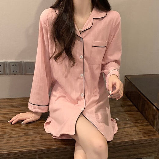 COLORFUL GEMS bean paste color pajamas for women new long-sleeved nightgown home clothes spring, summer and autumn boyfriend style 681# bean paste color shirt skirt 180 XL (110-125Jin[Jin equals 0.5 kg])