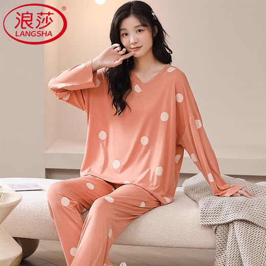 Langsha Light Luxury Modal Damen-Pyjamas Frühling und Herbst-Set Thin Ice Draht Langarm Fall Sie können große Heimkleidung außerhalb von [Modal V-Ausschnitt] -3881 m tragen [vorgeschlagen 80-100jin [Jin gleich 0,5 kg]]]