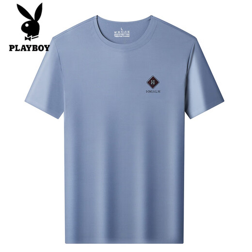 Playboy 2025 new high-end mulberry silk short-sleeved T-shirt for men's summer new round neck solid color thin large size casual T-shirt 13578 Blue M 165 [Suggested 100-120 Jin [Jin equals 0.5 kg]]