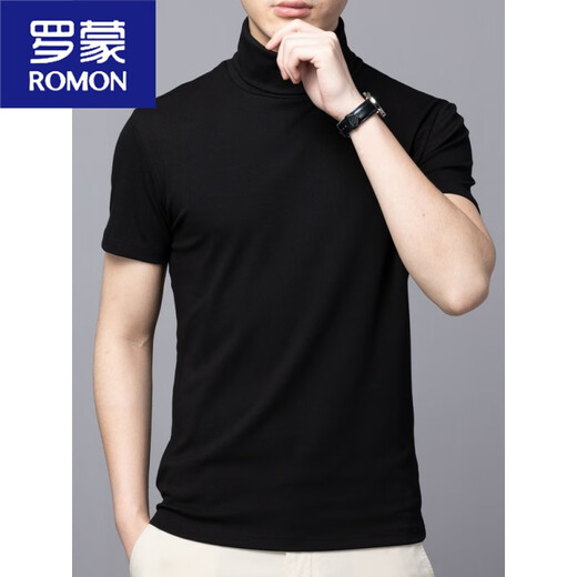 ROMON high collar short-sleeved men's T-shirt slim new men's bottoming shirt solid color summer thin lapel half-sleeved trendy black XL suitable (100-130Jin Jin equals 0.5 kg)