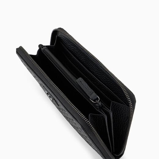 Armani EA Men's Wallet Embossed Eagle Pattern Black Calfskin Zipper Opening Horizontal Coin Purse 2025 New Black Regular