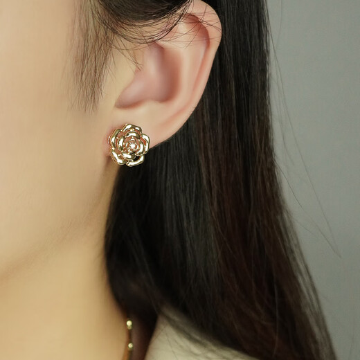 Chishe 18K Hollow Camellia Bright Diamond Earrings Pendant Women's Small Fresh Light Luxurious Trendy Earrings Ins Simple and Versatile 12.5mm Light Gold (Pendant) Customized