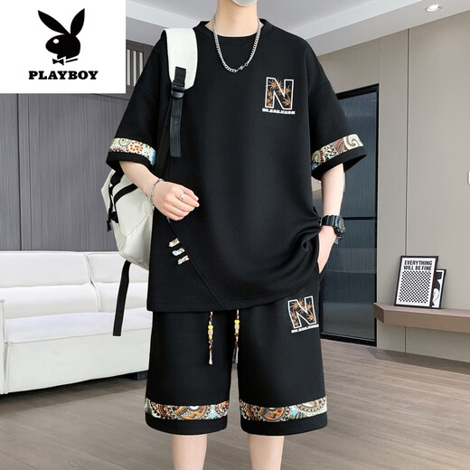 花花公子（PLAYBOY）2025年夏季新款中国风时尚休闲男士套装圆领短袖T恤短裤两件套潮 【短.袖套装】6195 米白色 3XL (建议160-180斤)