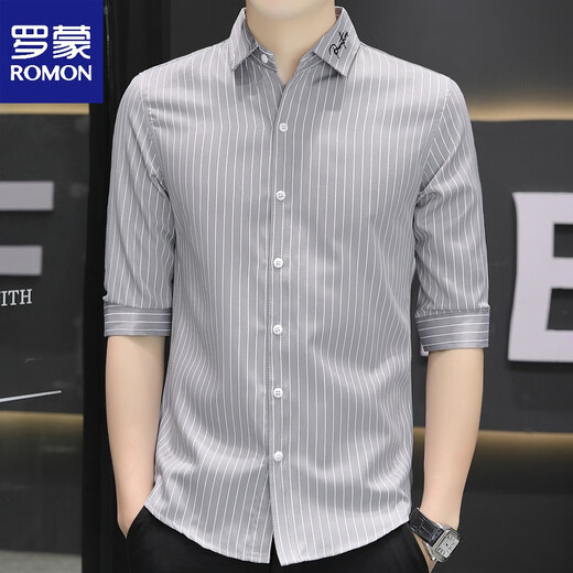 Romon Summer Summer Silk Quarter manga Camisa de la manga de la altura corta de manga corta para hombres Camisa de hombres delgada