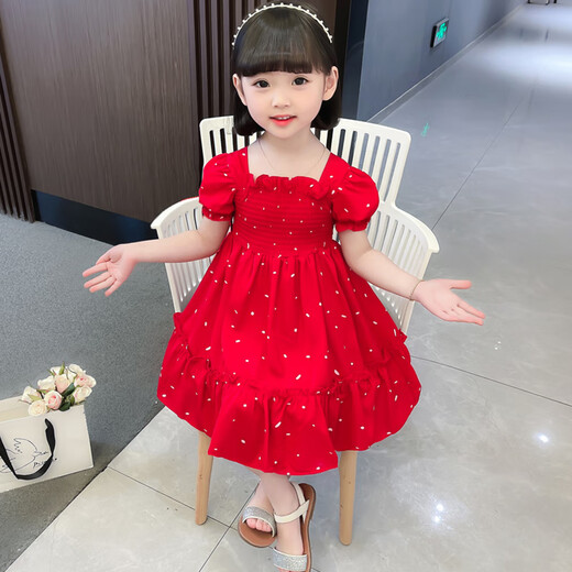 Mumuwu chiffon dress girls 2025 summer thin red princess dress new baby summer children's short-sleeved skirt red 90 (recommended 80-90cm 1-2 years old)