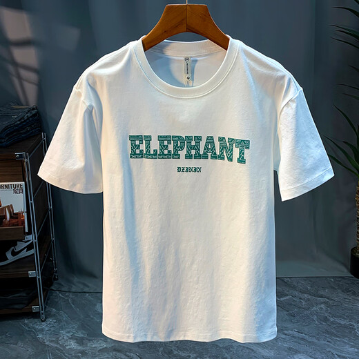 Beihai 2 Lane High-end Short-sleeved T-shirt for Men's Summer New Loose Round Neck Printed T-shirt Sweat-absorbing Breathable Half-sleeved Cotton Top White [JSW9901#] L Suitable for 100-110