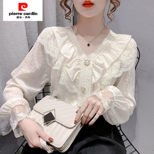 Pierre Cardin 2025 Spring and Autumn New Korean Style Fashionable V-neck Lace Ruffled Chiffon Shirt Elegant Super Fairy Top for Women Apricot V-neck Long Sleeves Soft Breathable Fabric Lined 2XL 125-150Jin Jin is equal to 0.5kg