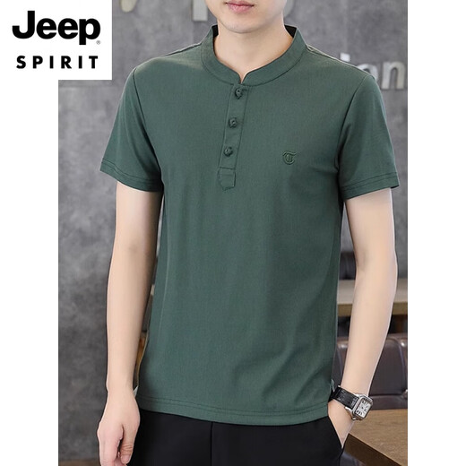 JEEP SPIRIT新款男士仿亚麻短袖t恤夏季薄款立领polo.衫新中式休闲棉麻上衣 T189绿色 3XL 150斤左右