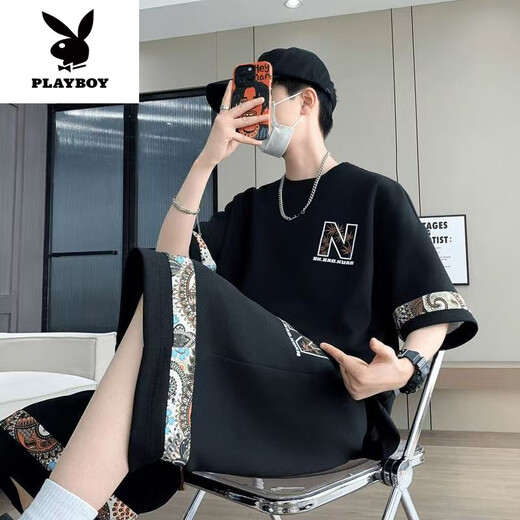 花花公子（PLAYBOY）2025夏季新款短袖青年潮流大码休闲运动套装男士时尚百搭两件套潮 【夏季套装】6195白色 M 90-110斤