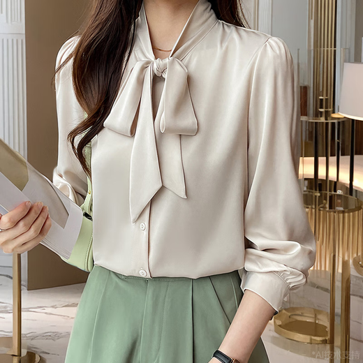 Finidongjue European French White Shirt Frauen langärmelte Bogen Chiffon Top Spring- und Herbst-Neutemperament Streamer-Basishemd Blau 9276 S _80-95jin [Jin ist 0,5 kg]