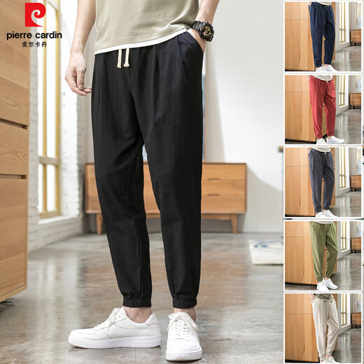 Pierre cardin casual pants for men's spring and autumn style tying linen nine-point pants loose cotton linen pure cotton thin summer versatile trousers K801-Military green M