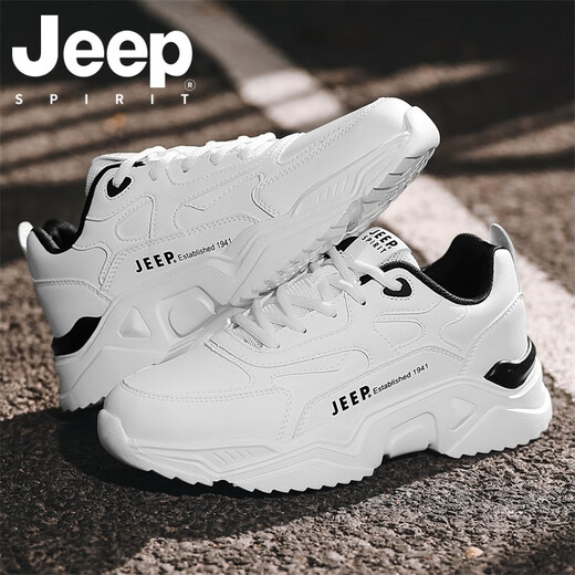 JEEP SPIRIT吉普男鞋夏季2025新款休闲户外跑步运动鞋子男士增高厚底老爹鞋 白黑 42
