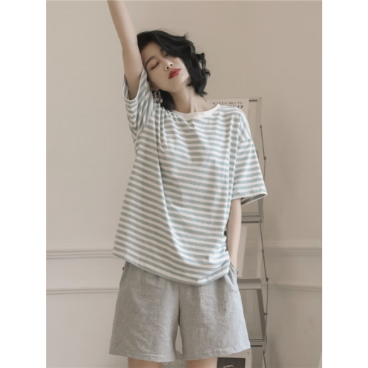 XPAY Japaner 2025 Neuer heißer Pyjamas für Frauen im Sommer Pure Cotton Kurzärärmelte zweiteiliger Sommer gestreiftes Heimkleidung YZT9854 M Frauenmodell empfohlen 80-100Jin [Jin ist 0,5 kg]