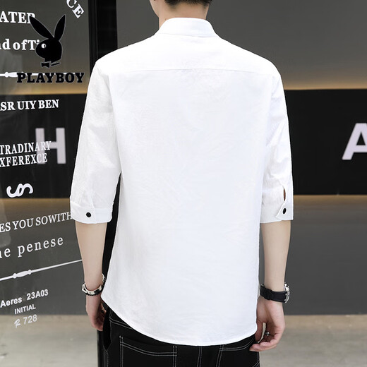Playboy (PLAYBOY) Henry collar cotton and linen long-sleeved shirts for men spring and autumn men's summer casual shirts short-sleeved shirts 2025 new style CS8K02 mid-sleeve green M 90-110Jin Jin is equal to 0.5 kg