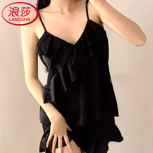 LangSha Light Luxury Pajamas Feminine Summer Thin Ice Silk Student Suspender Shorts Two-piece Set Feeling Home Clothes Black L 100-120Jin Jin is equal to 0.5 kg