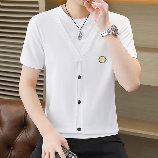 Woodpecker (TUCANO) design short-sleeved T-shirt men's 2025 summer new light luxury cotton base shirt fake two-piece round neck top 6626 white 2XL 135-150Jin [Jin equals 0.5 kg]