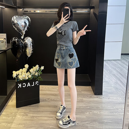 Kaizitu Kaizitu Sommer Neuer Frauenanzug kleine Tragen eine komplette Reihe modischer altersreduzierender Denim-Shorts 2957 Dunkelgraue Kleidung + 7022 gestickte Röcke m