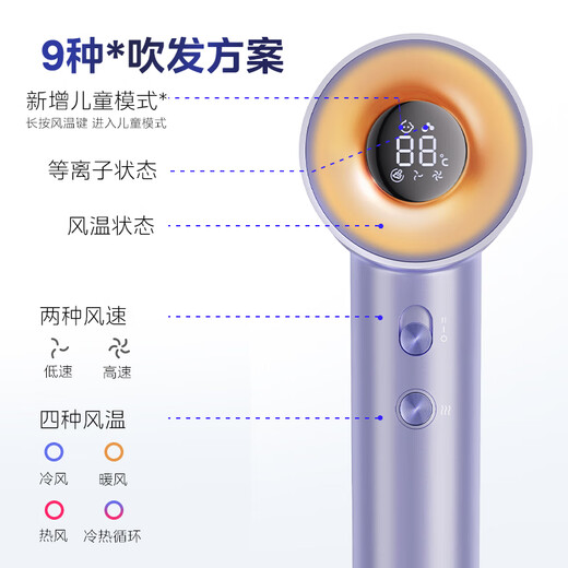 Midea high-speed hair dryer, 3.9 billion plasma hair dryer, negative ion hair dryer, smart digital display screen FG505 purple, national subsidy, holiday/birthday gift recommendation