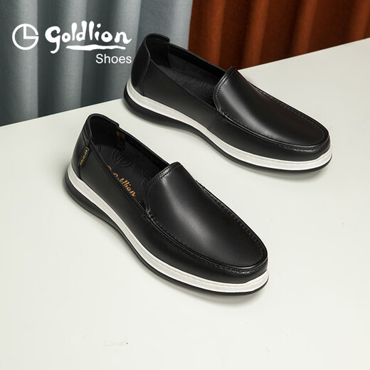 Goldlion Men's Shoes Shopping Mall Same Style Leather Shoes Light Cushioning Breathable Sleeve Business Casual Shoes G255410134AAB Black 41