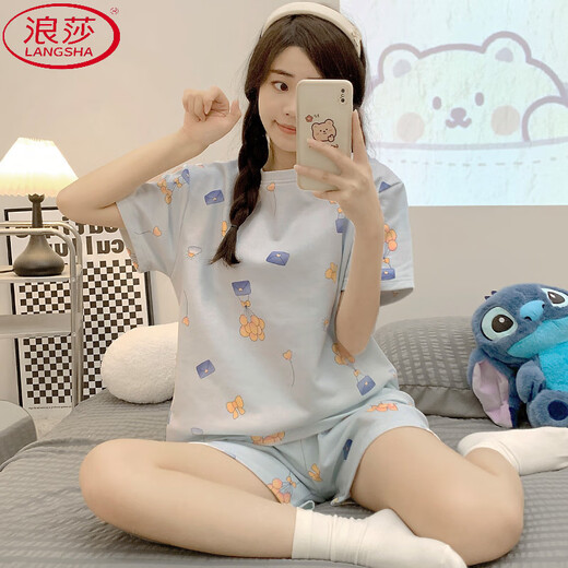 浪莎（LangSha）新款睡衣女夏季棉质短袖短裤爆款可爱宿舍甜美薄款两件套装家居服 1047小狗 L 100-110