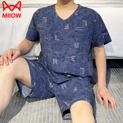 猫人东方绸男士加肥加大码短袖棉绸睡衣年轻人造棉套装凉感空调家居服 短袖短裤D5009 2XL (160-165cm)(110-130斤)