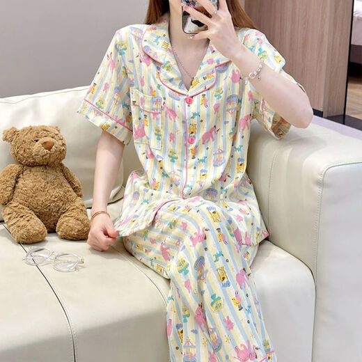 Yalu Yunduomian pajamas for women in summer cute cartoon short sleeves shorts trousers can go out Korean version of Xiaoxiang home clothing set J838 fabric soft upgrade [three-piece set short sleeves M suggestion 80100 equal size
