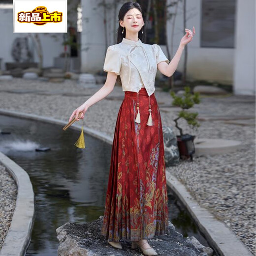 初径（CHUJING）马面裙新中式国风改良立领古典提花短袖一片式国潮印花马面套装 2326杏色+12047红色 S