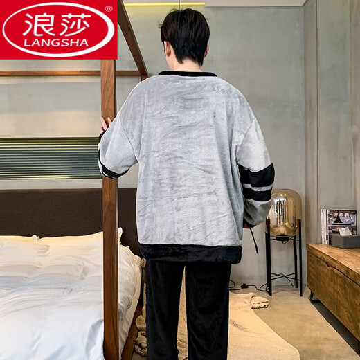 浪莎（LangSha）珊瑚绒睡衣男秋冬季新款长袖加厚休闲大码青少年家居服法兰绒套装 3887 简笔小熊 3XL