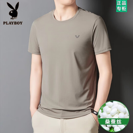 Playboy (Playboy) Brandneu 2025 Mulberry Seide Kurzärärmelte T-Shirt für Männer rundes Nacken-T-Shirt für Sommereis. Seiden halbärmelige Herren-Top 733 Dunkelgrau M 165100-120jin [Jin entspricht 0,5 kg]
