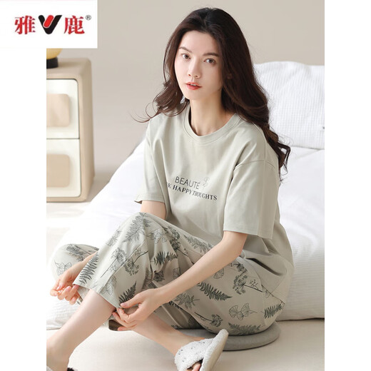 
Yalu new pajamas for women in summer pure cotton short-sleeved trousers thin style for casual home clothing and cotton suit YZT9721 M [recommended to wear 80-100Jin [Jin equals 0.5 kg]]