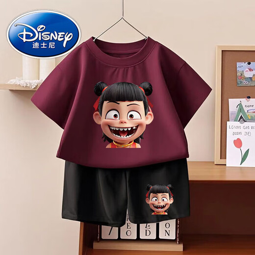 迪士尼（Disney）哪吒之魔童闹海男童女童棉短袖2025夏季新款儿童短裤套装两件套 1092#后包T酒红+小1098#黑短裤 90 均码