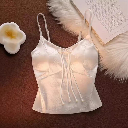Absolutely American style new Chinese style with breast pads, satin print suspenders, adjustable vest for women, summer suit with beautiful back, white L