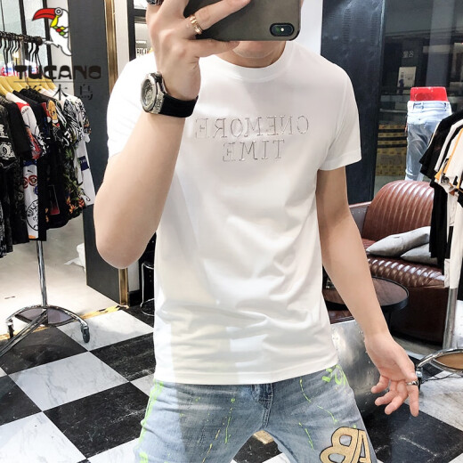啄木鸟（TUCANO）t恤男士2025夏季新款短袖T恤男修身个性刺绣烫钻欧货丝光棉体恤男 724闪电R蓝绿色 3XL