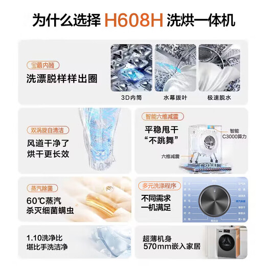 Haier drum washing machine fully automatic 10KG with drying ultra-thin household large capacity one-level frequency conversion intelligent drying air washing home appliance subsidy XQG100-H608H